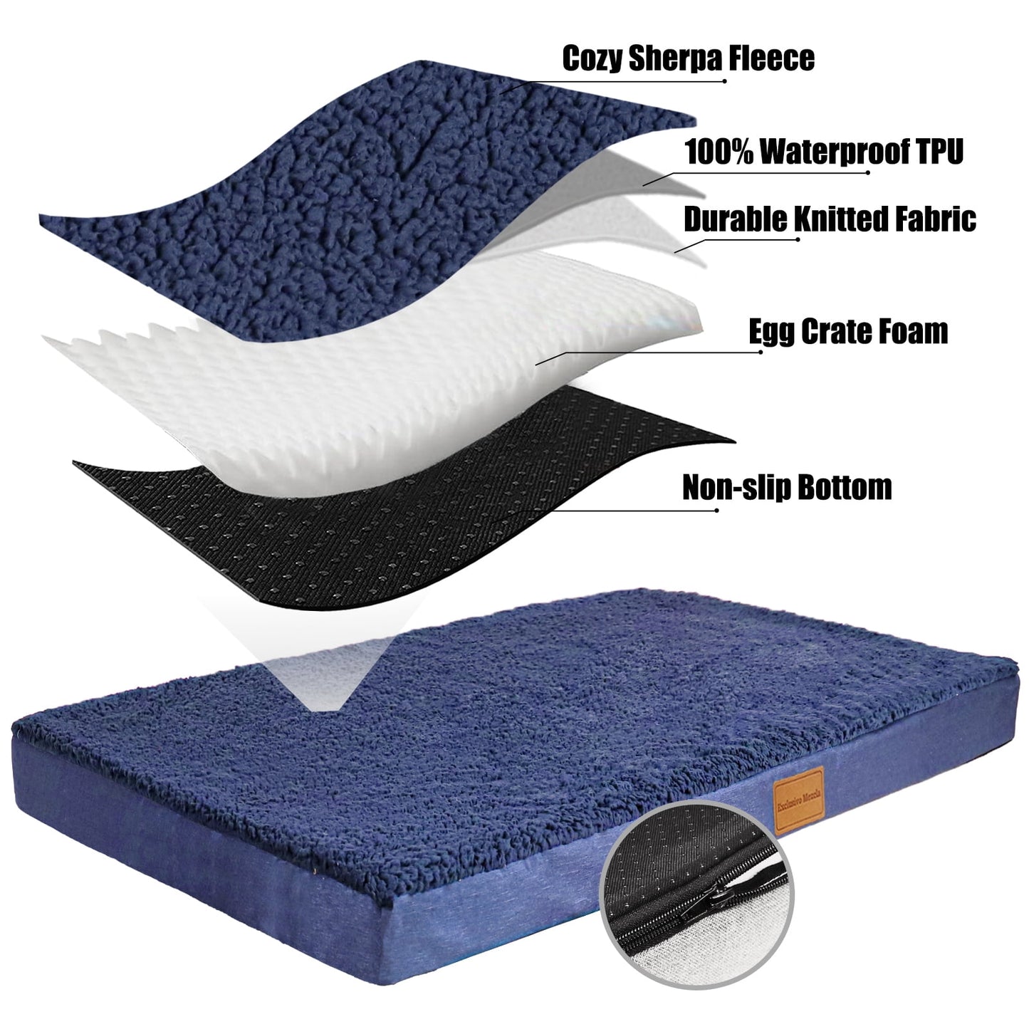 Exclusivo Mezcla Orthopedic Dog Bed for Medium Dogs 36''X24'', Egg Crate Foam Medium Dog Beds with Removable Washable Cover,Waterproof Pet Bed Mat, Navy Blue