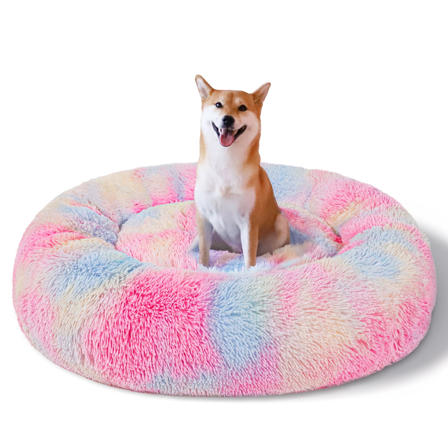 Calming Donut Dog Bed for Small Medium and Large dogs Anti-Anxiety Plush Soft and Cozy Cat Bed 32 inches Warming Pet Bed for Winter and Fall(Pink Rainbow)