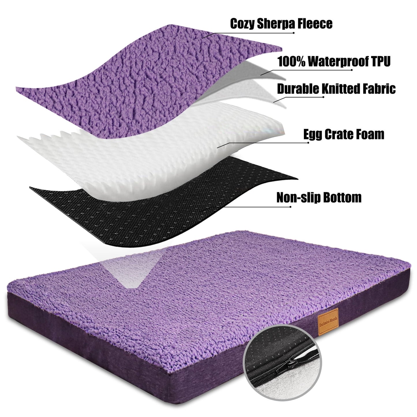 Exclusivo Mezcla Orthopedic XL Dog Bed for Large Dogs 42''X28'', Egg Crate Foam Big Large Dog Beds with Removable Washable Cover,Waterproof Pet Bed Mat, Purple