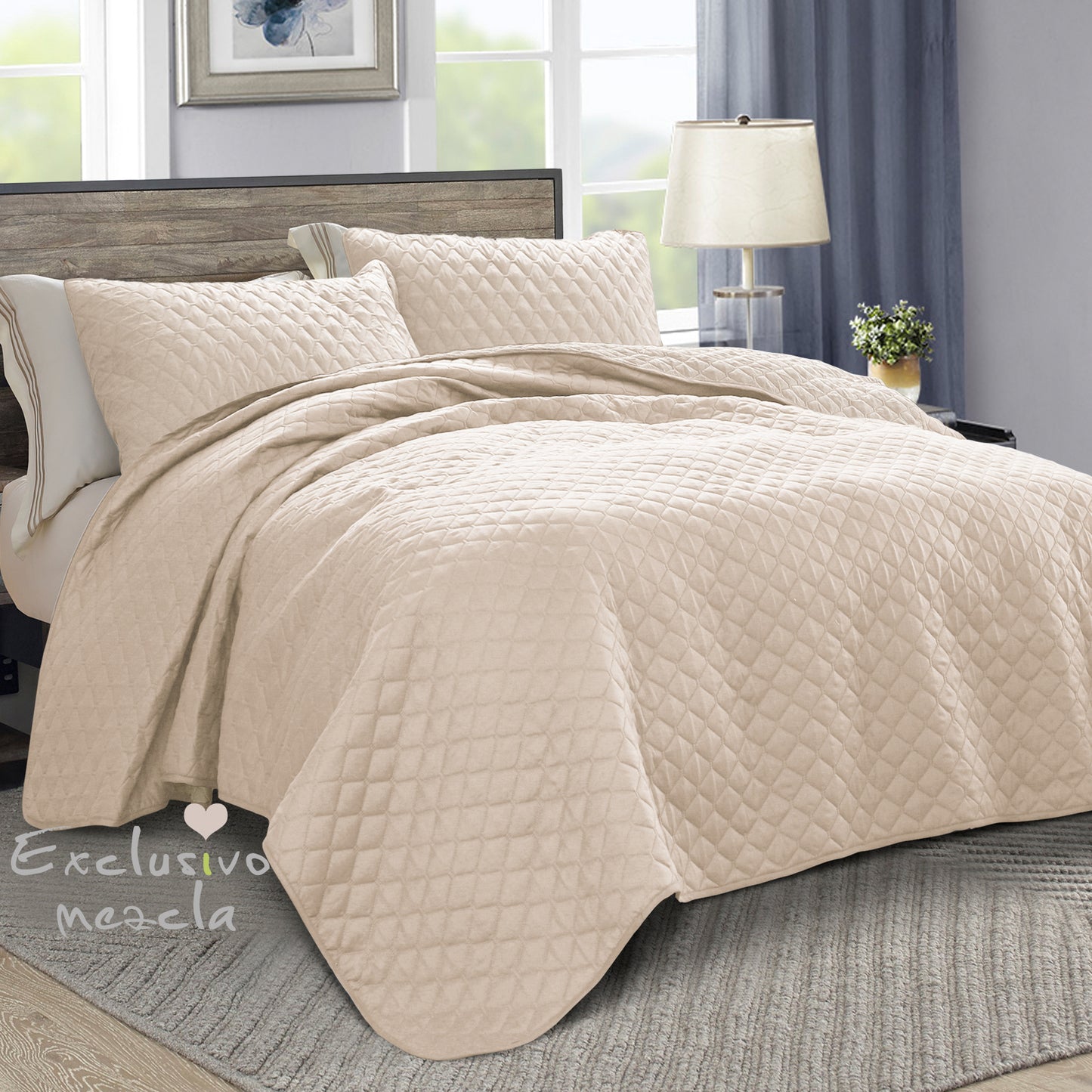 Exclusivo Mezcla Ultrasonic Reversible King Size Quilt Bedding Set with Pillow Shams, Lightweight Quilts King Size, Soft Bedspreads Bed Coverlets for All Seasons - (Brich Beige, 104"x96")